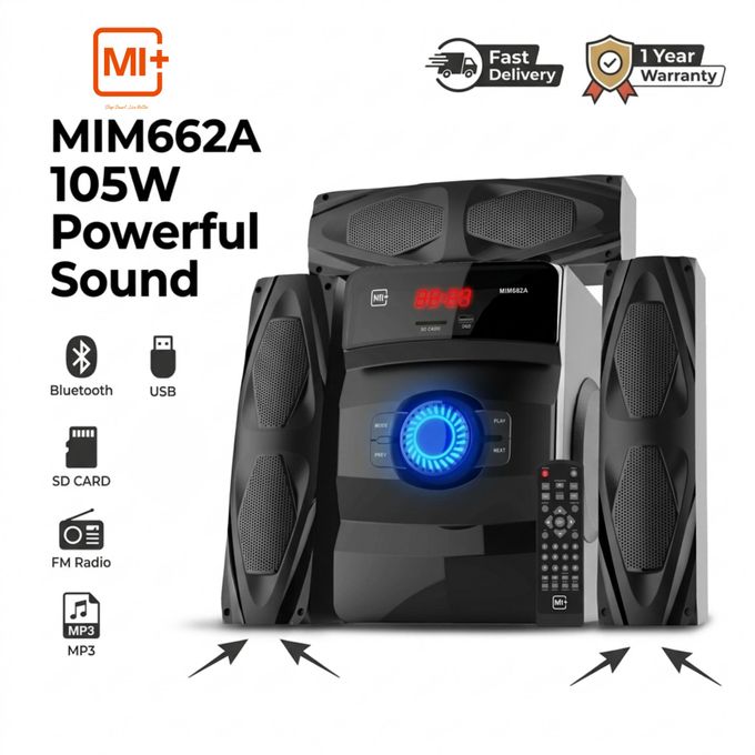 Mi+ MIM662A 3.1CH Multimedia Bluetooth Speaker System – 105W Powerful Sound FM/USB/SD, Remote Control
