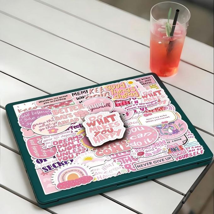 50-Pack Inspirational Pink Stickers ,PVC Motivational Quotes Decals, Cartoon Phrases for Laptop, Phone Case, Luggage - Self-Adhesive, Irregular Shapes+1pcs Mobile phone type c interface protective case