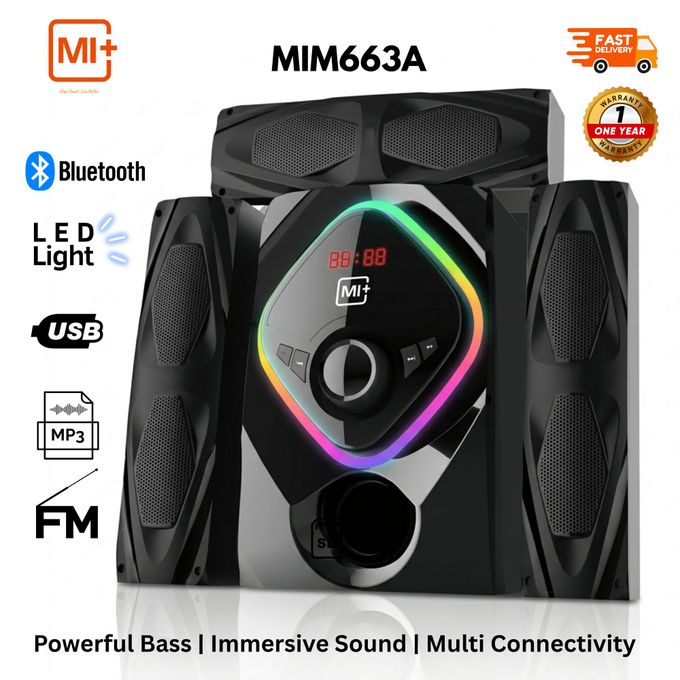 Mi+ 3.1 Channel Multimedia Speaker – Deep Bass Wooden Subwoofer, Bluetooth, MP3/FM/USB, 3 LED Satellite Speakers