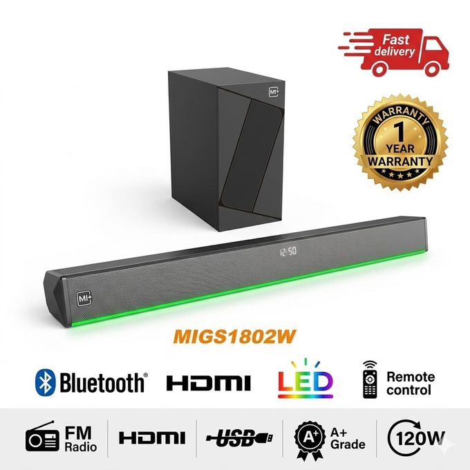 Mi+ 2.1 Wireless Soundbar 180W with Wooden Subwoofer – 8 inch, Bluetooth, USB/MP3/AUX/HDMI/Optical/Coaxial, Remote Control, LED Display, Home theater System